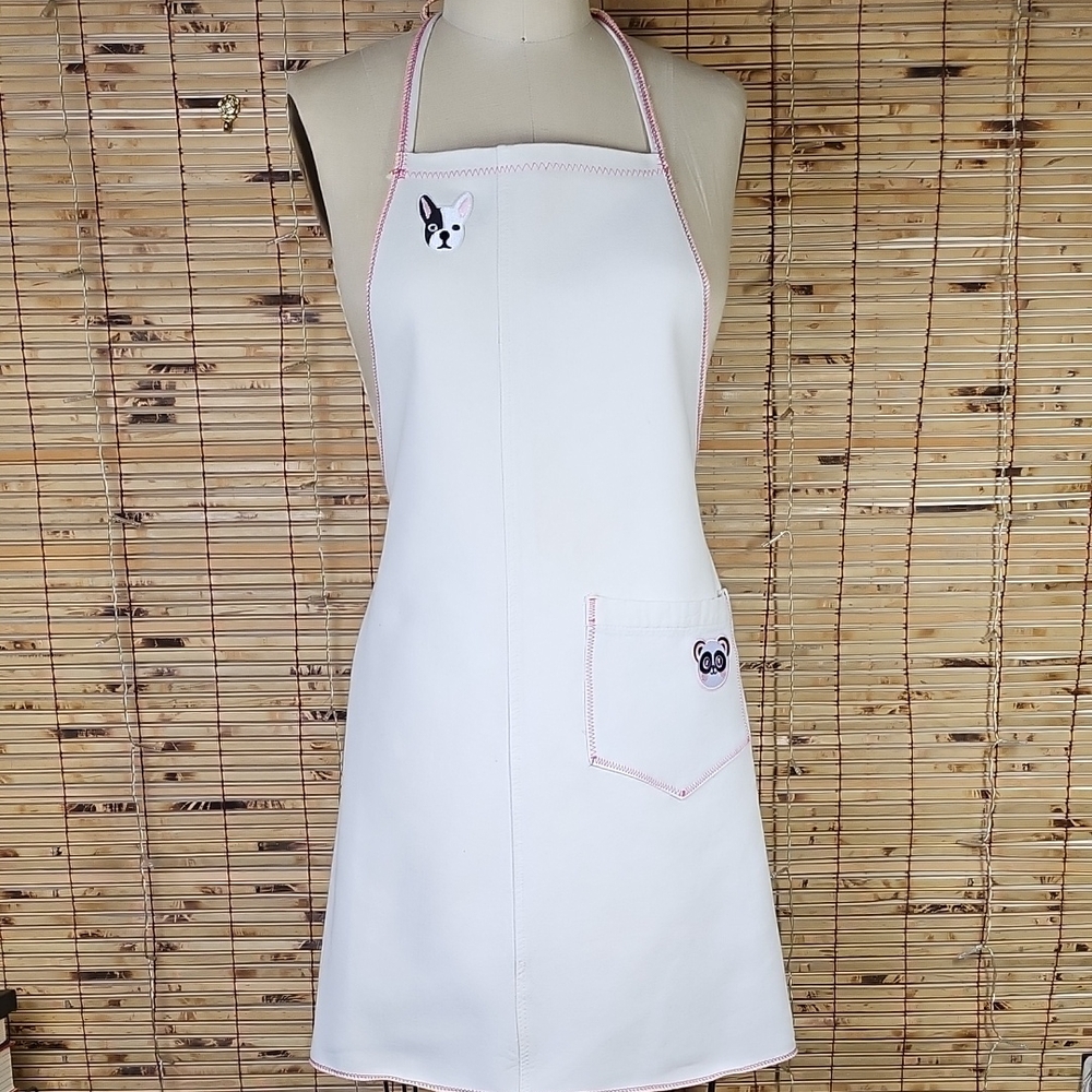 New White Apron with Pink Stitching and Animal Patches